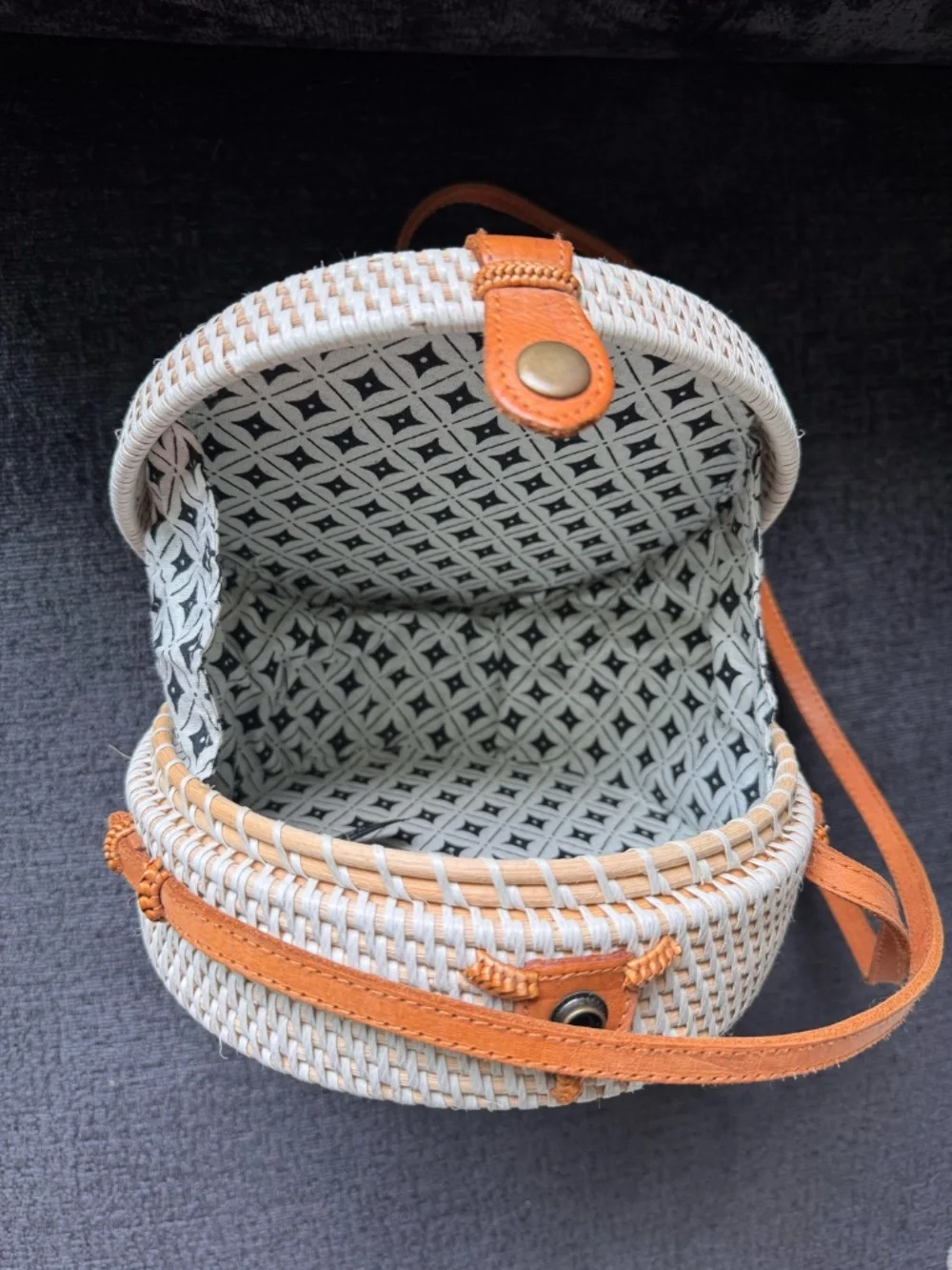 Handwoven Round Rattan Crossbody Bali Bag White Wash Leather Strap Batik Lining